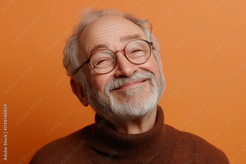 Smiling elderly man with glasses against a warm orange background during a relaxed moment Smiling elderly man with glasses against a warm orange background during a relaxed moment