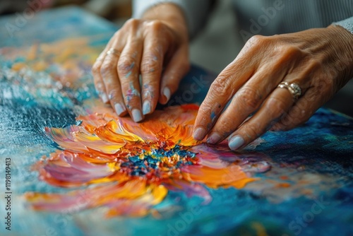 Close-up of artist's hands painting a vibrant, textured floral artwork with impasto technique. photo