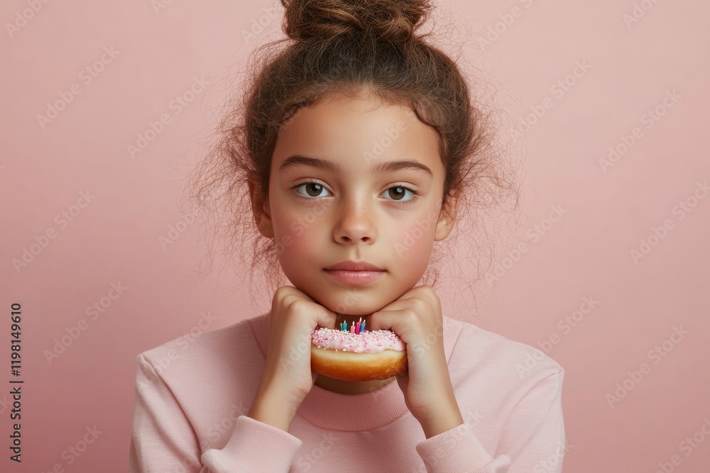 Young girl holding a donut with candles against a pink background, celebrating a special occasion Young girl holding a donut with candles against a pink background, celebrating a special occasion