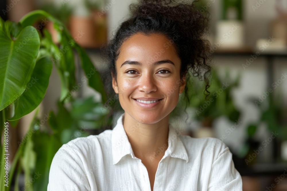 Smiling woman in casual attire surrounded by indoor plants, showcasing her natural beauty and warmth in a cozy setting Smiling woman in casual attire surrounded by indoor plants, showcasing her natural beauty and warmth in a cozy setting