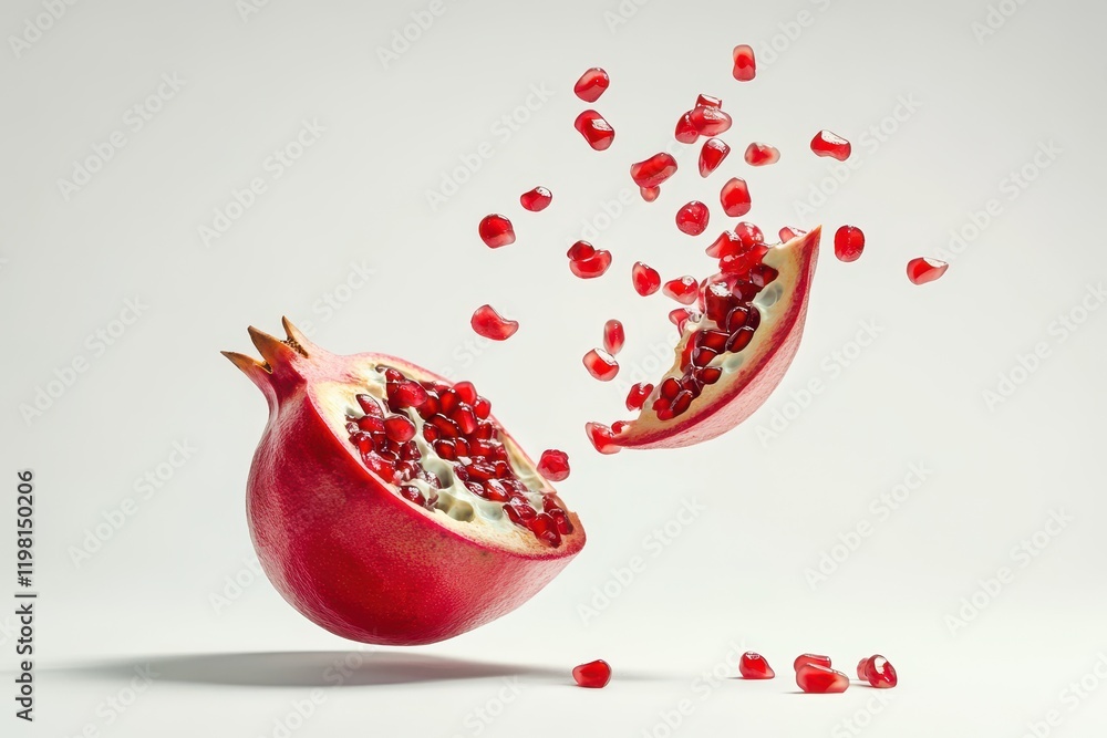 Pomegranate seeds dropping from halved fruit on a white background Pomegranate seeds dropping from halved fruit on a white background