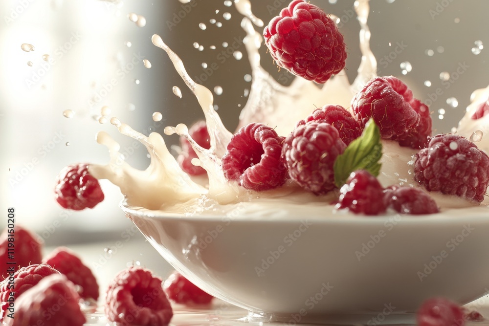 Ripe raspberries creating a splash in a bowl of creamy dessert during bright kitchen setting Ripe raspberries creating a splash in a bowl of creamy dessert during bright kitchen setting