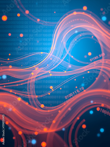 A dynamic blue and orange tech background filled with flowing binary sequences photo