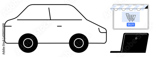 Car adjacent to e-commerce shopping window with Buy button and laptop symbolizing online car buying. Ideal for e-commerce, online shopping, automotive, digital transactions, technology, consumer