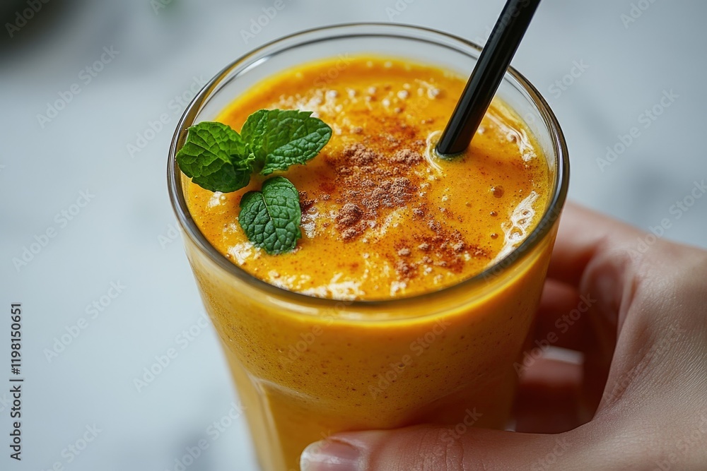 A refreshing, vibrant orange smoothie garnished with mint and cinnamon. A refreshing, vibrant orange smoothie garnished with mint and cinnamon.