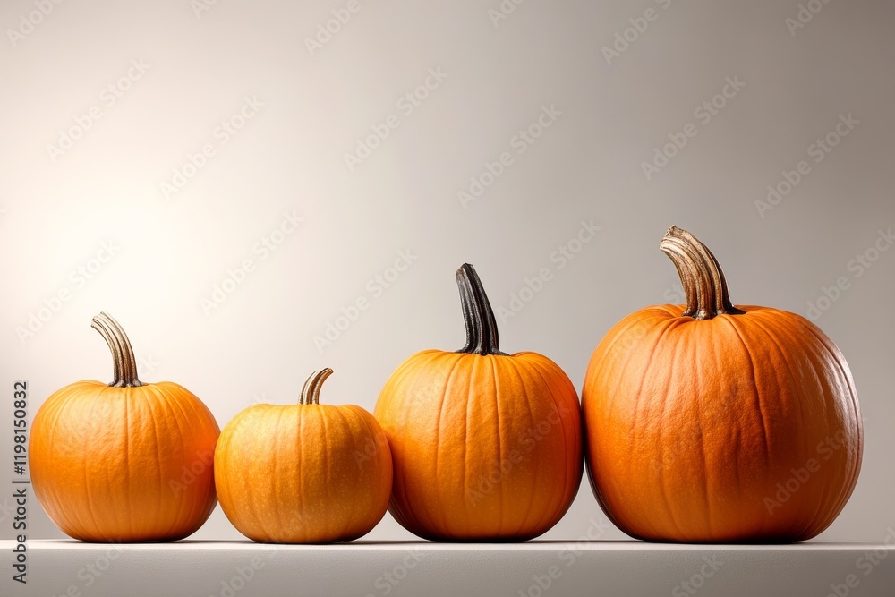 Various sizes of pumpkins arranged in a row showcasing their vibrant orange color Various sizes of pumpkins arranged in a row showcasing their vibrant orange color