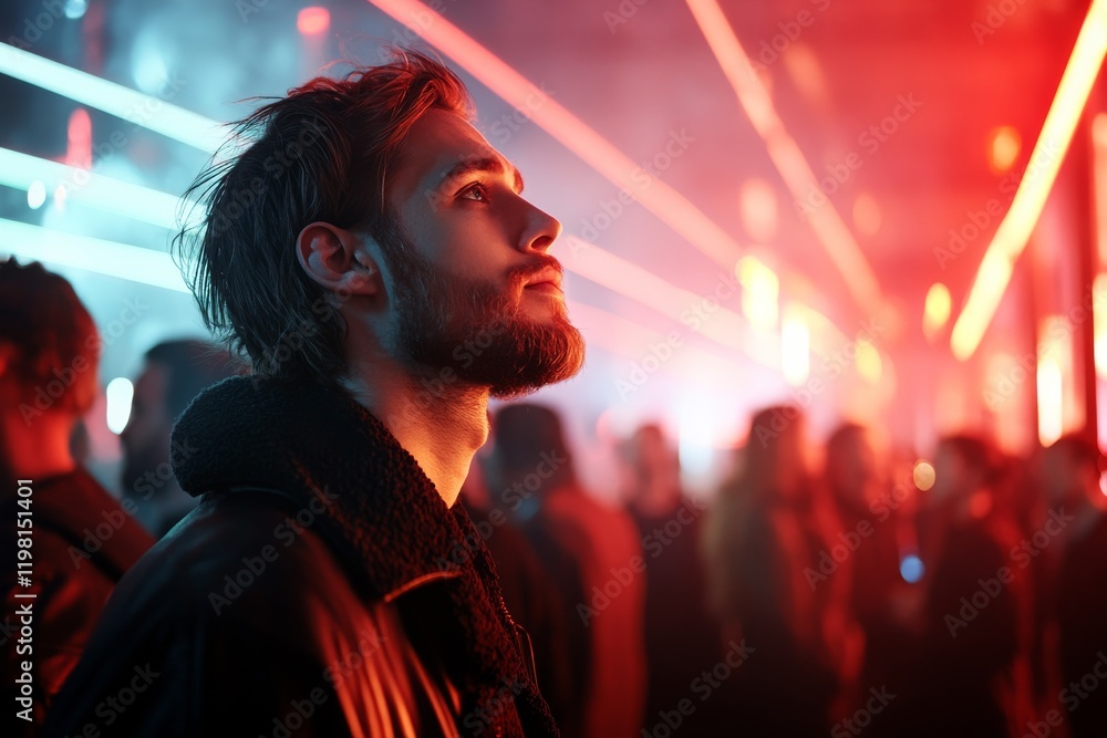 Young man enjoying vibrant light display at a music event in an urban venue during nighttime Young man enjoying vibrant light display at a music event in an urban venue during nighttime