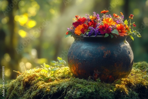 Vibrant wildflowers in a rustic pot, bathed in sunlight, sit on a mossy forest floor. photo