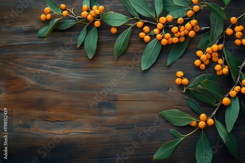 Sea buckthorn branch with leaves on wood photo