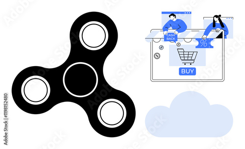 Black fidget spinner, web page with BUY button and cashback offer, cloud icon. Ideal for relaxation themes, e-commerce, stress relief, digital transactions, cloud computing, modern lifestyle online