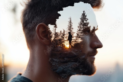 A stunning visual fusion of a man's profile and a serene nature landscape, symbolizing the bond between humanity and the natural world beneath a captivating sunset. photo