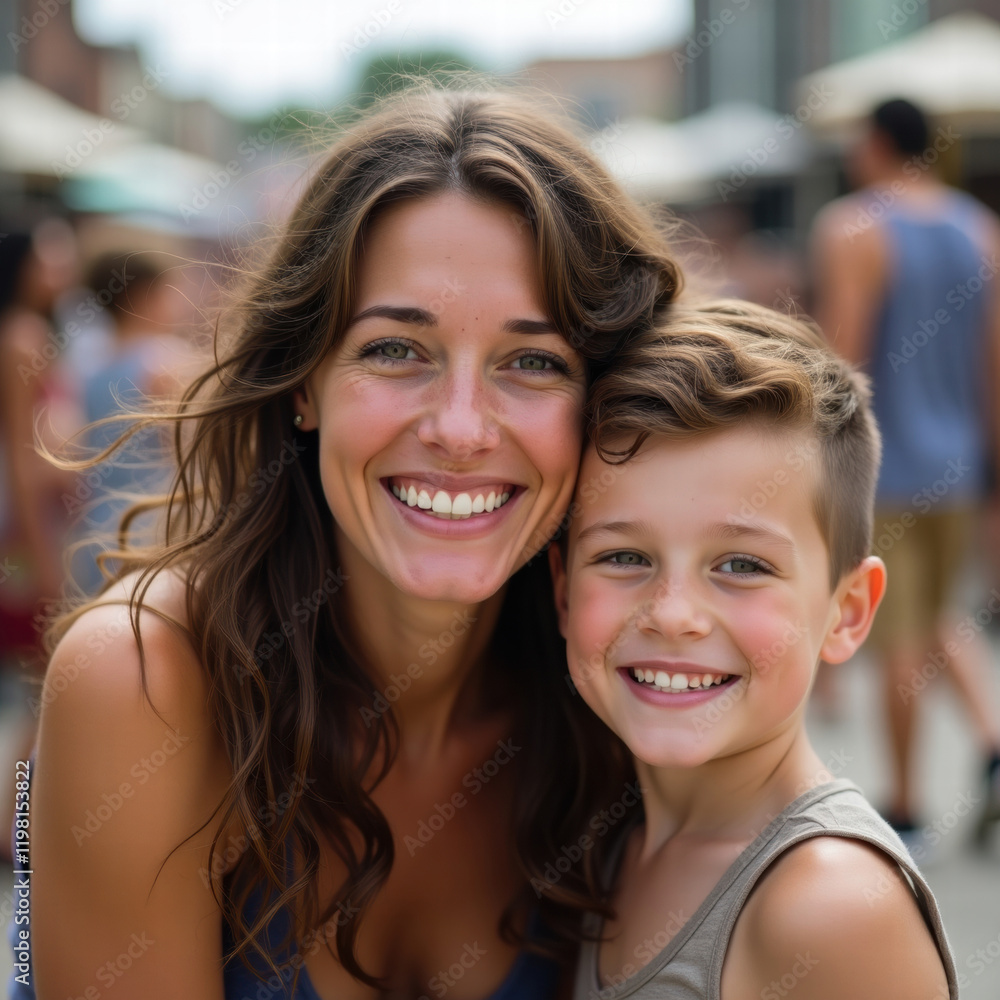A woman and a young boy, both smiling warmly A woman and a young boy, both smiling warmly