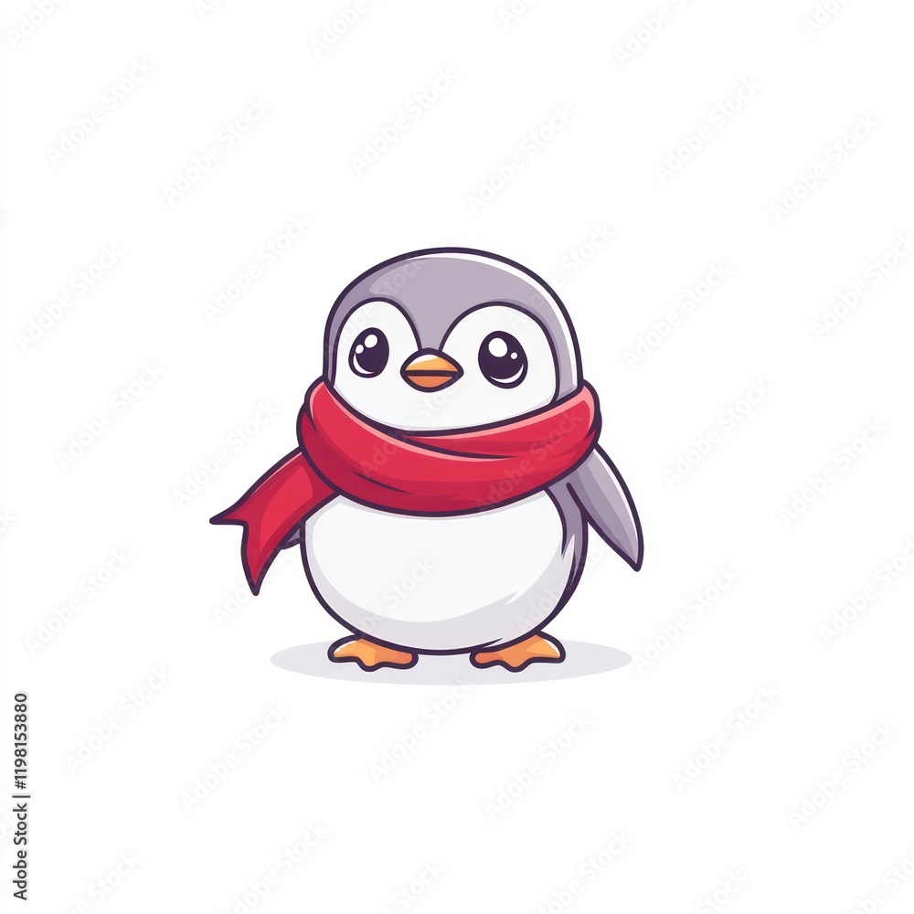 Obraz premium Cartoon penguin with a red scarf, centered, on plain white background, for use as a greeting card