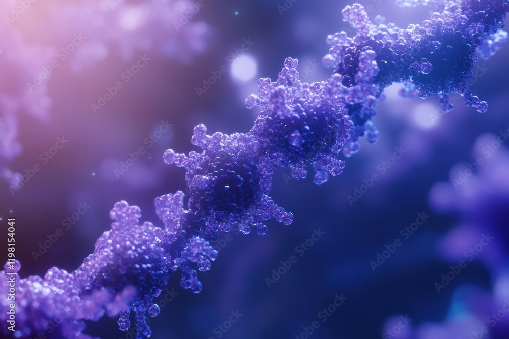 Fototapeta premium Close up view of molecular RNA chain surrounded by viruses highlighting interaction at the microscopic level. Generative AI