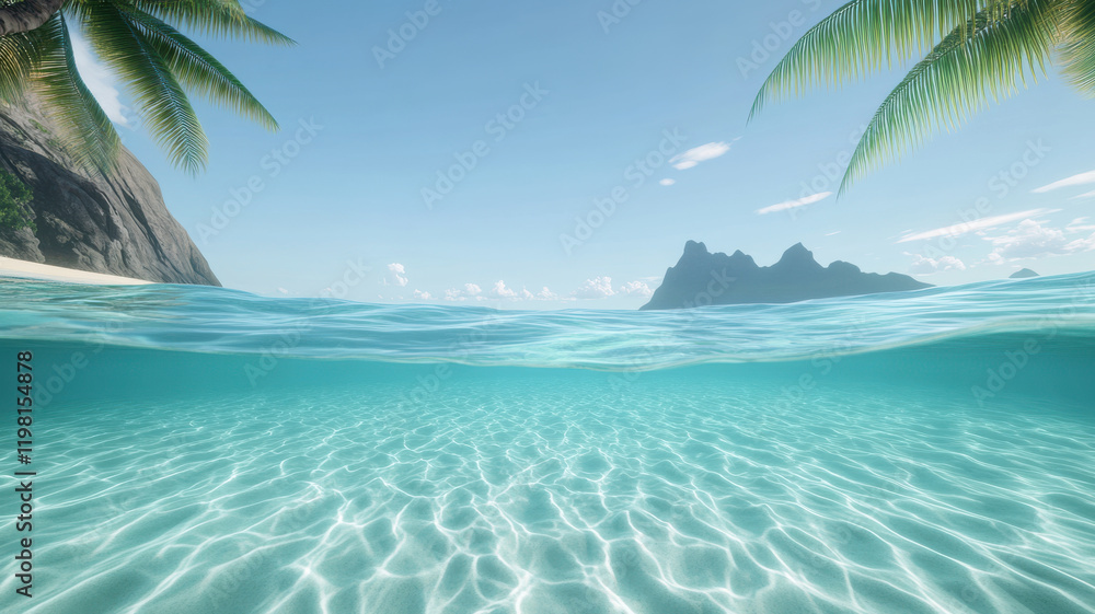 Fototapeta premium Hyper-Real Nature Concept, serene tropical beach scene with clear turquoise water and palm trees