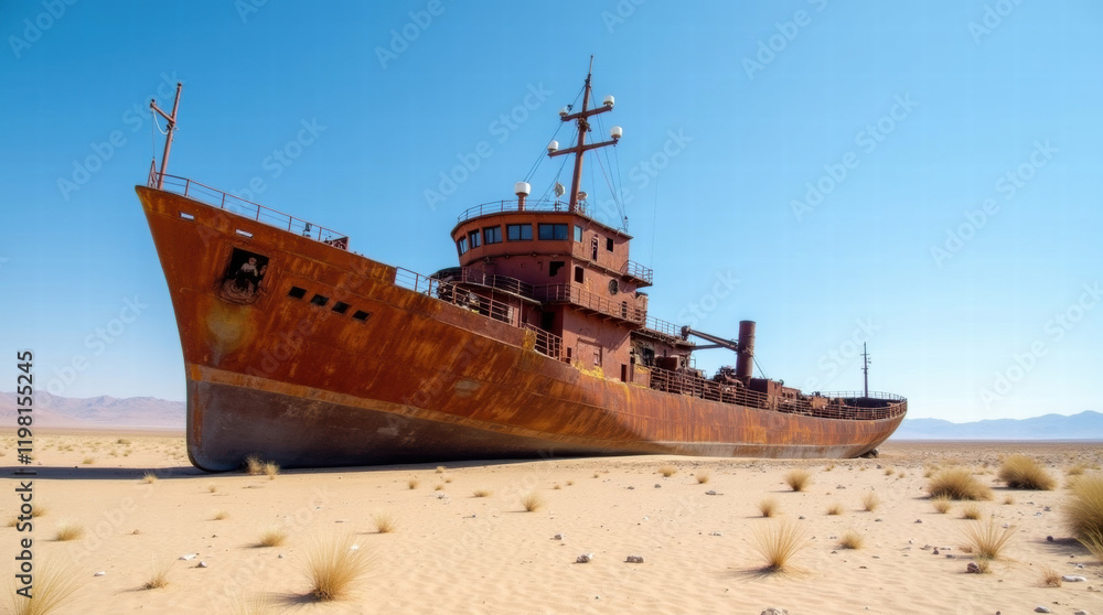 A large, rusted shipwreck resting on a barren, sandy landscape under a clear blue sky A large, rusted shipwreck resting on a barren, sandy landscape under a clear blue sky