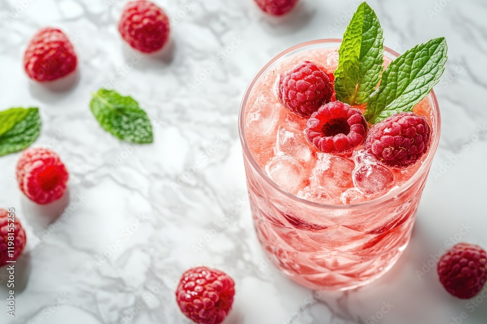 Refreshing raspberry drink with ice and mint, garnished with fresh raspberries. Refreshing raspberry drink with ice and mint, garnished with fresh raspberries.