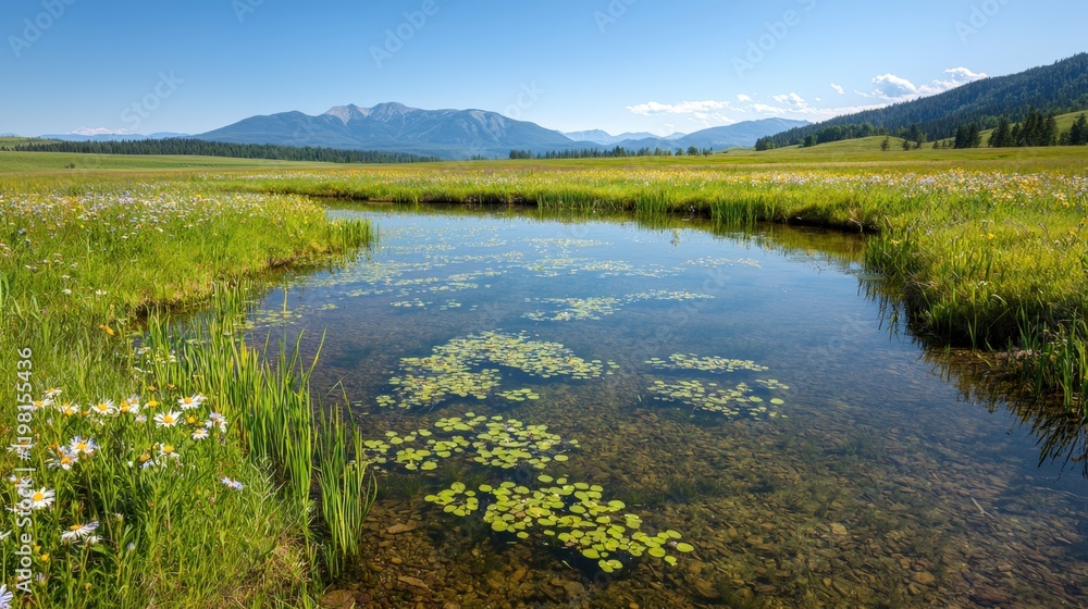 Valley meadow and expansive, A serene landscape featuring a calm stream surrounded by lush greenery and distant mountains under a clear blue sky. Valley meadow and expansive, A serene landscape featuring a calm stream surrounded by lush greenery and distant mountains under a clear blue sky.