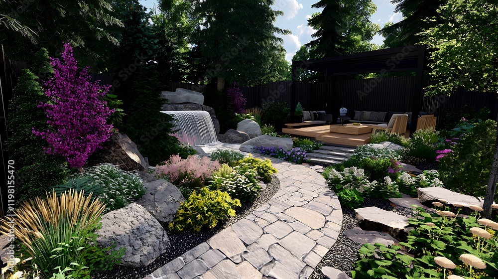 Naklejka premium Backyard oasis waterfall garden design rendering