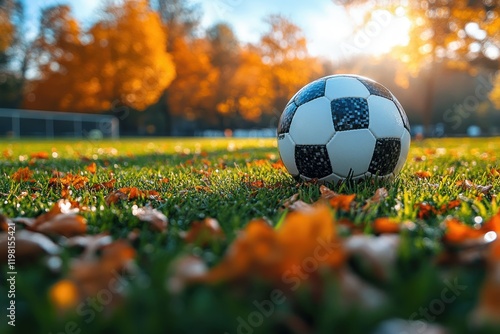 soccer ball close-up on vibrant green grass under sunlight with dappled light patterns in hyper-realism style photo