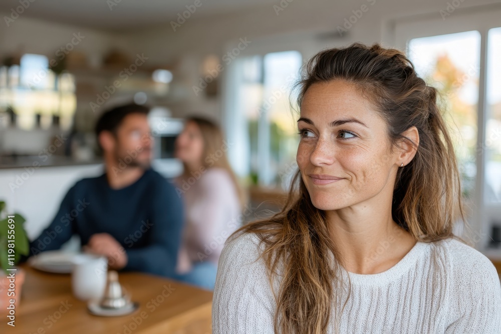 A relaxed woman is seen smiling while sitting in a cozy cafe, with friends in the background enjoying their time together, creating a warm social atmosphere. A relaxed woman is seen smiling while sitting in a cozy cafe, with friends in the background enjoying their time together, creating a warm social atmosphere.