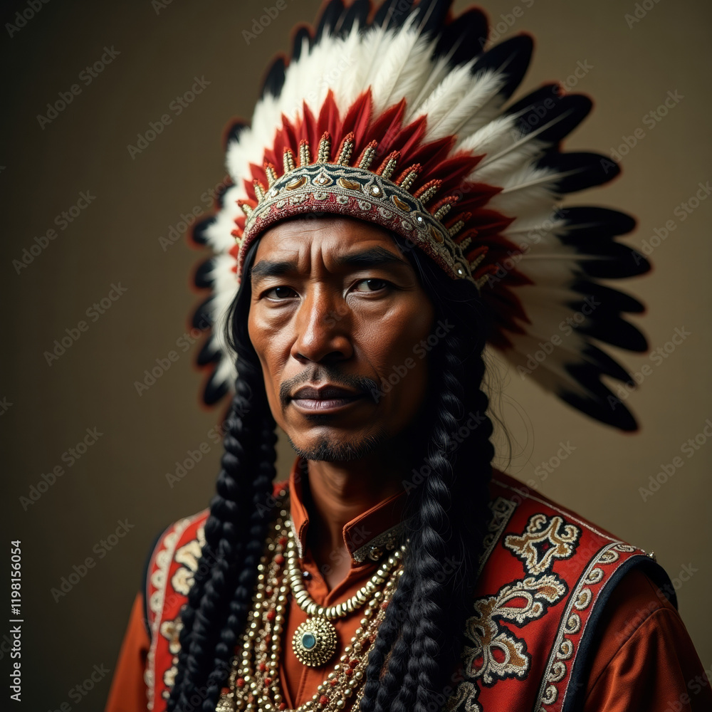 Obraz premium A close-up portrait of an Indian American chief