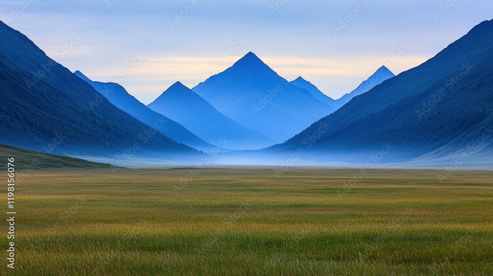 Fototapeta premium Valley meadow and expansive, A tranquil landscape featuring distant blue mountains, rolling hills, and a misty valley, creating a serene atmosphere.