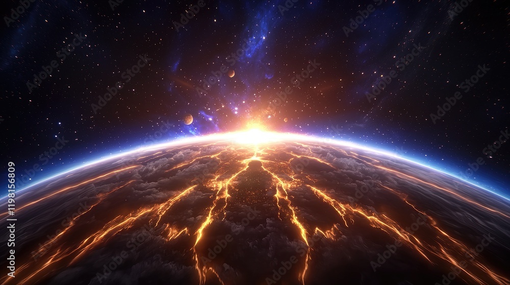 Obraz premium Cosmic eruption igniting the horizon outer space digital art celestial environment aerial view energy concept