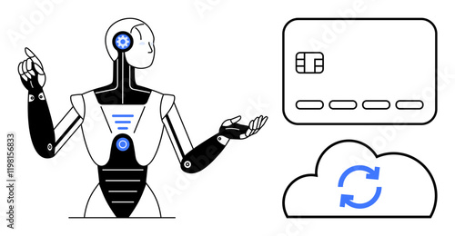 Futuristic robot gesturing towards a credit card and cloud icon with a synchronization symbol. Ideal for AI technology, digital finance, cloud computing, secure transactions, automation, fintech