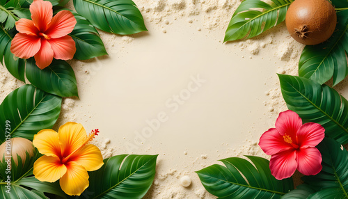 Tropical floral frame on sandy beach background. photo