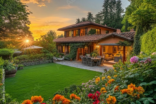  Charming house with lush garden at sunset, ideal for real estate listings and home sale promotions photo