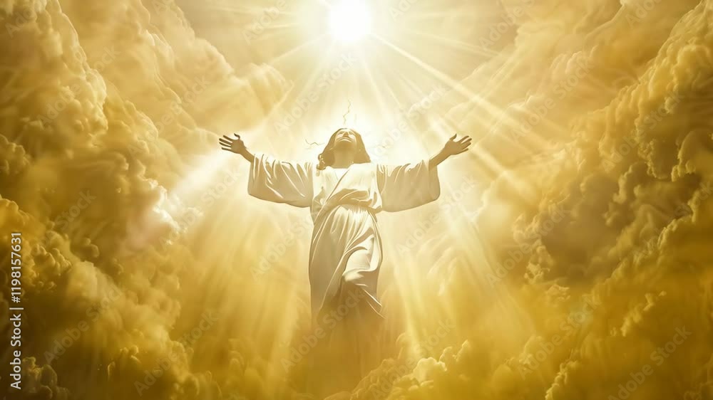 The resurrected Jesus Christ ascending to heaven surrounded by bright ...