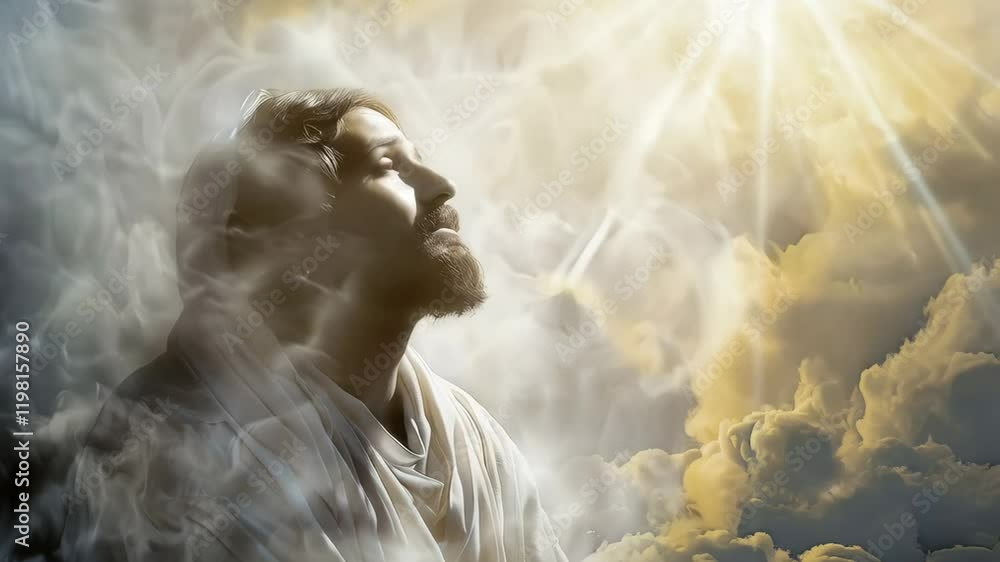The resurrected Jesus Christ ascending to heaven surrounded by bright ...