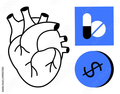 Anatomical heart drawing, and two circles containing a pill and crossed-out dollar sign. Ideal for themes of healthcare, medical expenses, financial burden, cardiovascular health, economic impact