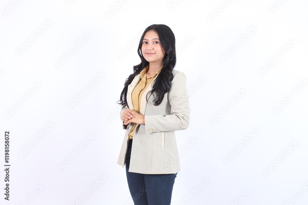Woman in a gray blazer and black pants is smiling. Business asian woman Woman in a gray blazer and black pants is smiling. Business asian woman