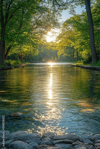 Sunlit River Flowing Through a Tranquil Forest with Lush Greenery and Reflections at Sunset in a Serene Natural Landscape Setting