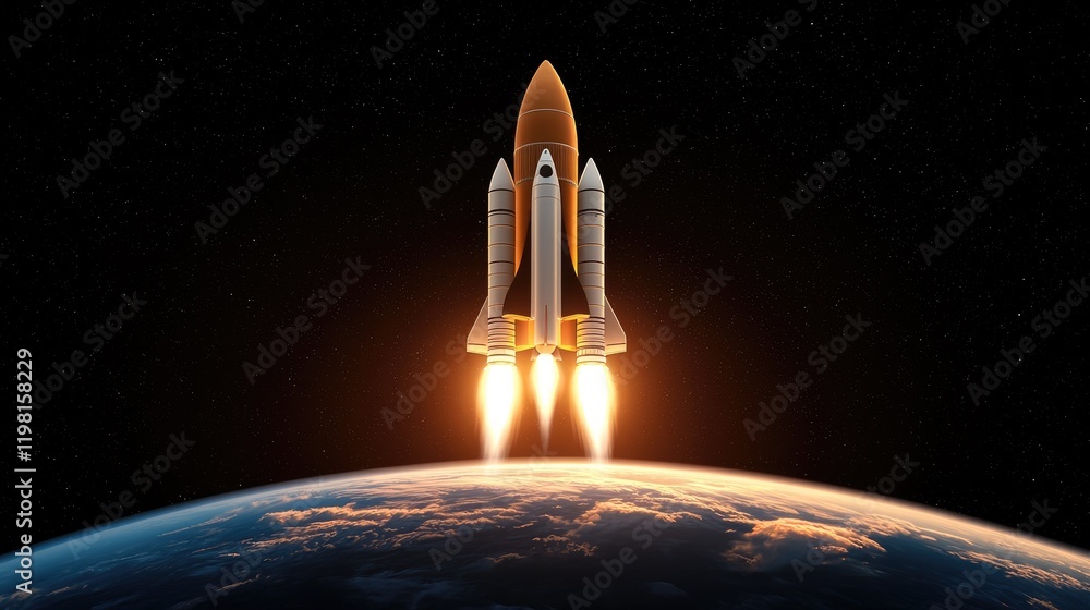 Naklejka premium Rocket launch event earth orbit space exploration dark environment dramatic viewpoint progress and innovation