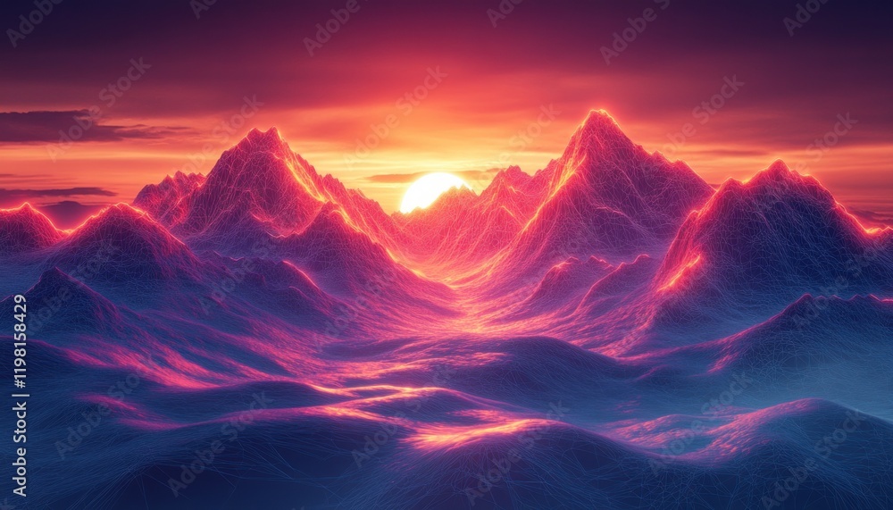 Futuristic Geometric Mountain Landscape with Sunset Glow and Network of Polygons Futuristic Geometric Mountain Landscape with Sunset Glow and Network of Polygons