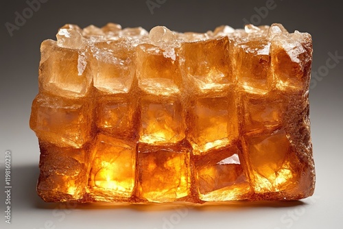 A mesmerizing amber calcite specimen, exhibiting a unique honeycomb structure of intergrown crystals. photo