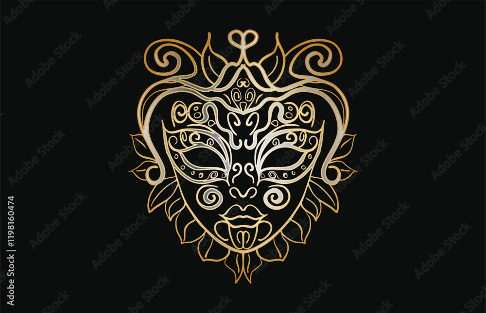 Fototapeta premium Golden venetian carnival mask with floral ornaments on black background