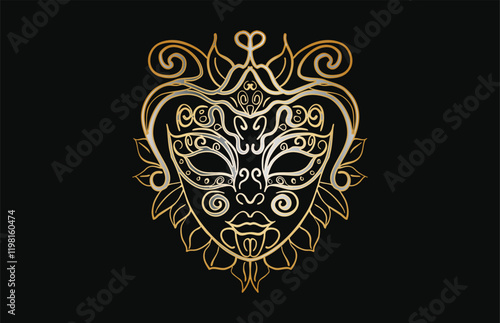 Golden venetian carnival mask with floral ornaments on black background