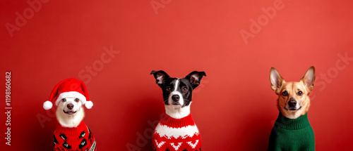 Three dogs in festive sweaters and hats pose against a red background, exuding holiday cheer and warmth. photo