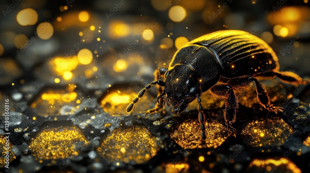 Fototapeta premium Glowing beetle on textured surface with bokeh lights.