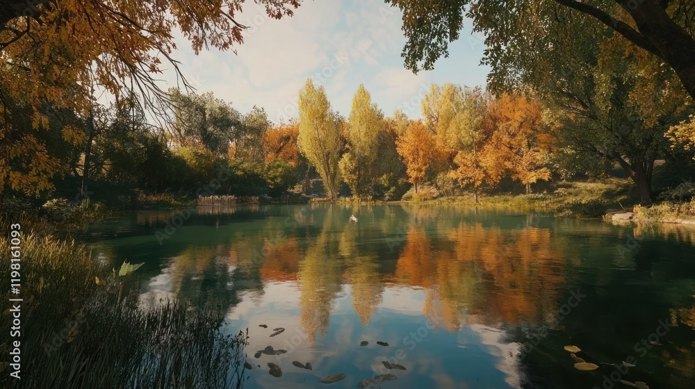 Fototapeta premium Autumnal Reflections on a Serene Lake