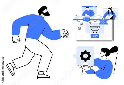 Businessman moving towards screen displaying shopping cart and cashback offers while a woman holds a gear piece, symbolizing teamwork and strategy. Ideal for e-commerce, teamwork, strategy planning