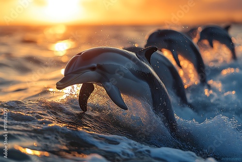 A pod of dolphins gracefully leaps through the ocean waves at sunset, bathed in golden light. photo