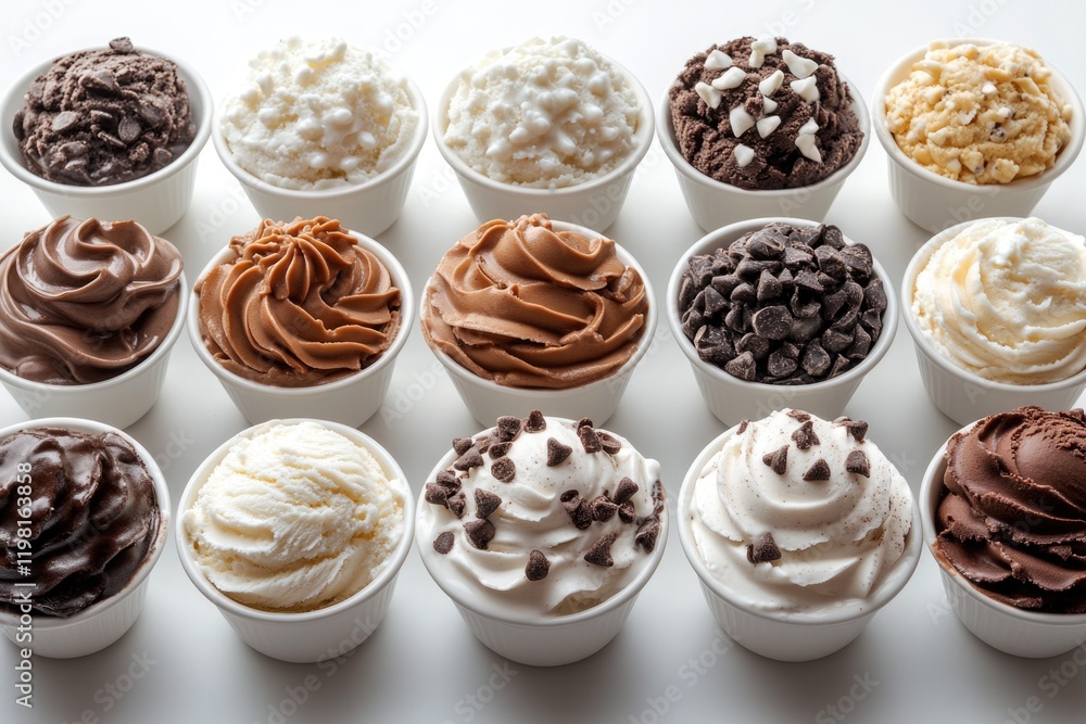 Assortment of delicious ice cream flavors in small white cups, perfect for a summer treat. Assortment of delicious ice cream flavors in small white cups, perfect for a summer treat.