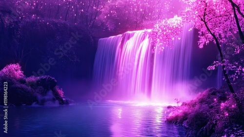 Magical purple waterfall cascading into serene pool, surrounded by glowing trees.