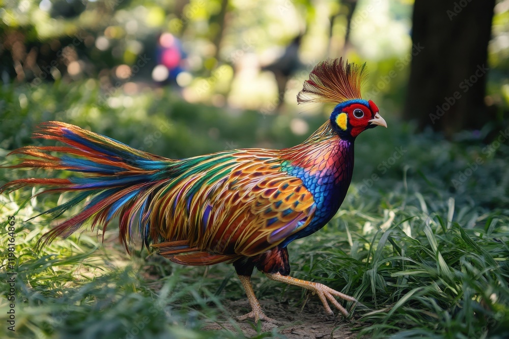 Fototapeta premium A vibrant pheasant strolls through the grass in a park in Chongqing