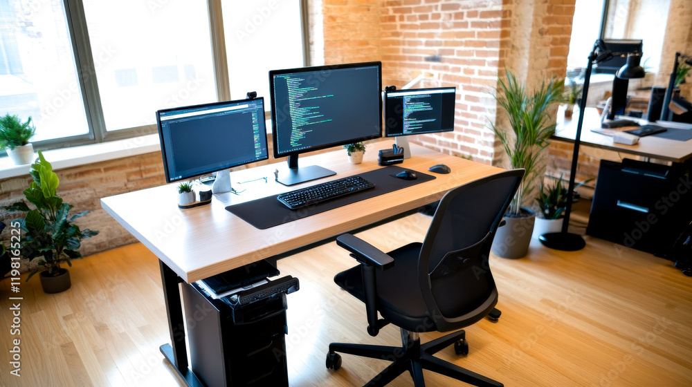A modern workspace featuring dual monitors, a keyboard, and a comfortable chair, set against a backdrop of exposed brick and natural light. A modern workspace featuring dual monitors, a keyboard, and a comfortable chair, set against a backdrop of exposed brick and natural light.
